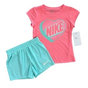 NWT Nike Girls Size 6X Coral Heart Logo Tee Aqua Shorts 2PC Outfit Set